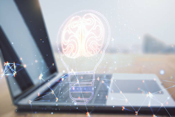 istock Creative idea concept with light bulb and human brain illustration on modern laptop background. Neural networks and machine learning concept. Multiexposure 1420741241