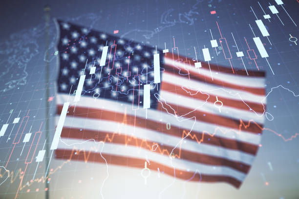 istock Abstract creative financial graph interface and world map on USA flag and sunset sky background, forex and investment concept. Multiexposure 1420741361