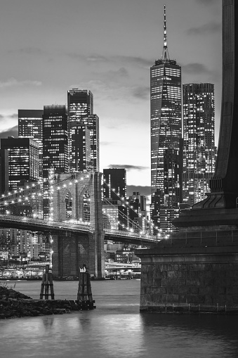 Lower Manhattan and the Brooklyn Bridge, shot from Brooklyn Bridge Park, Brooklyn, NY. USA