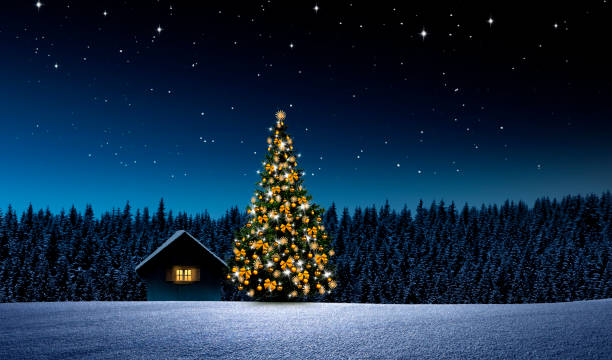 istock Cottage with Christmas tree at night 1420743317