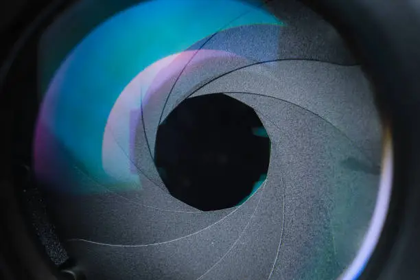 Photo of Close up aperture blades of digital camera lens,