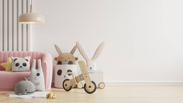 istock Mockup wall in the children's room with pink sofa on wall white color background. 1420744310