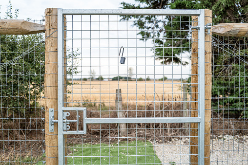Shallow focus of a newly installed unlock farm gate leading to a paddock. The padlock is seen unlocked and attached to the fence for safe keeping.