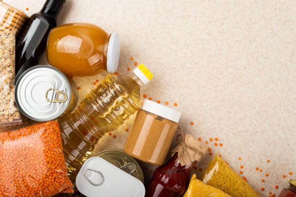 istock Emergency groceries food background with copyspace 1420745620