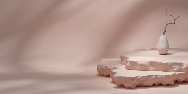 istock Abstract minimal background with podium, stand, 3d render. Pastel colors architectural background. Natural stones, shadow on the wall 1420745712