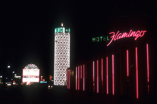 Las Vegas, Nevada- 1966: A vintage 1966's negative film scan of the pink Flamingo hotel and casino sign in Las Vegas, Nevada.