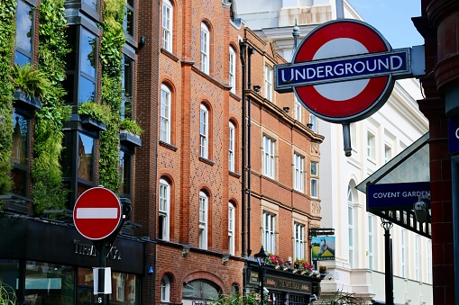 London,U.K-July 2022: Under ground station sign in London street view