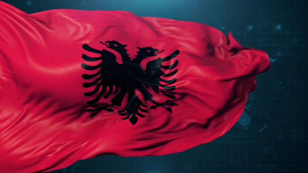 Flag of Albania on dark blue background. 3D render