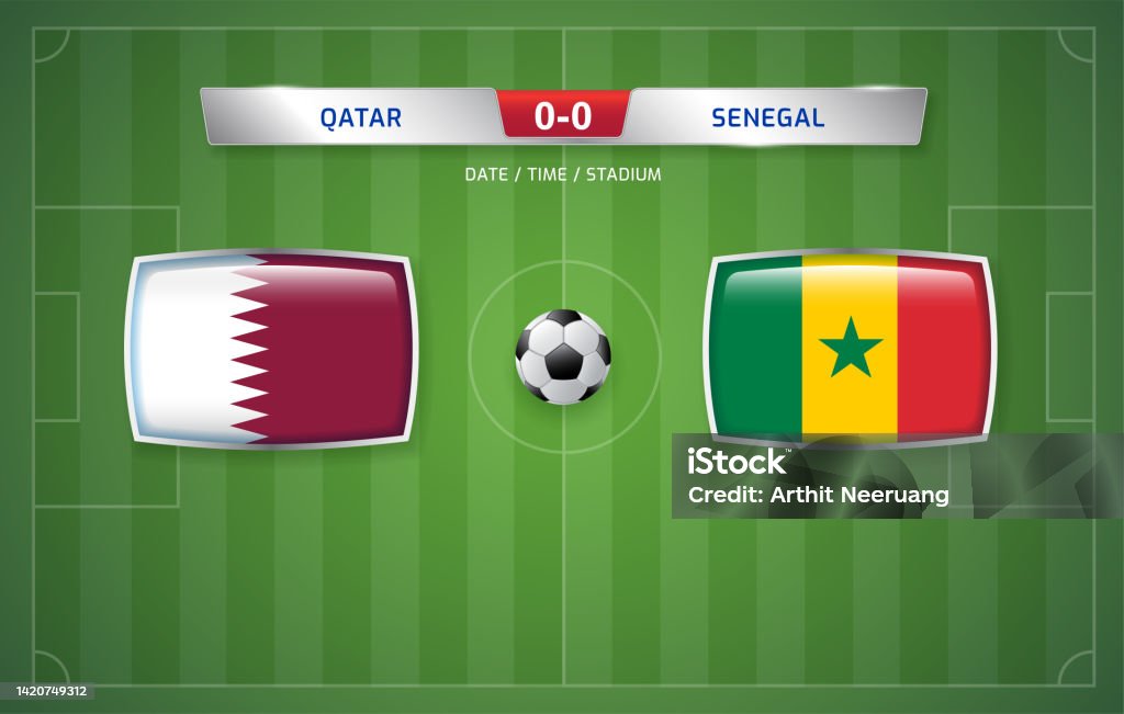 Szablon transmisji tablicy wyników Katar vs Senegal dla sportowego turnieju piłki nożnej - Grafika wektorowa royalty-free (Katar)