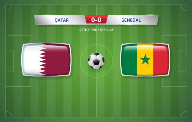 Vector illustration of Qatar vs Senegal scoreboard broadcast template for sport soccer tournament