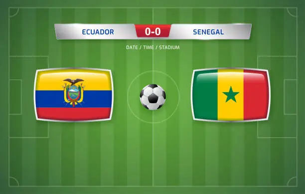 Vector illustration of Ecuador vs Senegal scoreboard broadcast template for sport soccer tournament