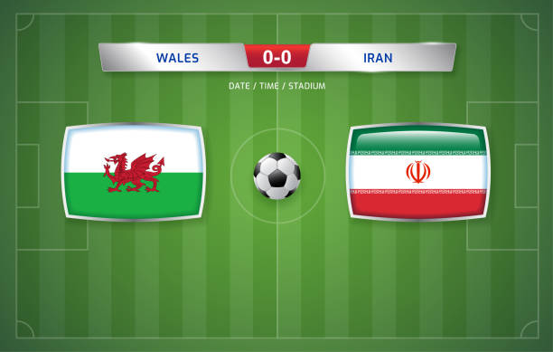 szablon transmisji tablicy wyników walii vs iran dla sportowego turnieju piłki nożnej - iran wales stock illustrations