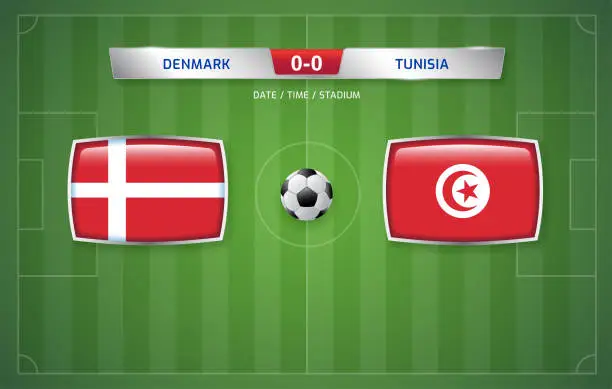 Vector illustration of Denmark vs Tunisia scoreboard broadcast template for sport soccer tournament 2022 and football championship vector illustration