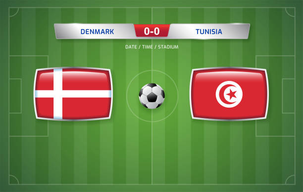 denmark vs tunisia scoreboard broadcast template for sport soccer tournament 2022 and football championship vector illustration - tunisia 幅插畫檔、美工圖案、卡通及圖標
