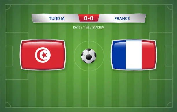 Vector illustration of Tunisia vs France scoreboard broadcast template for sport soccer tournament 2022 and football championship vector illustration