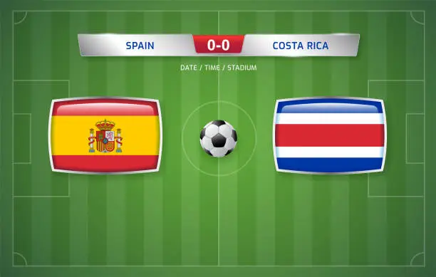 Vector illustration of Spain vs Costa Rica scoreboard broadcast template for sport soccer tournament 2022 and football championship vector illustration