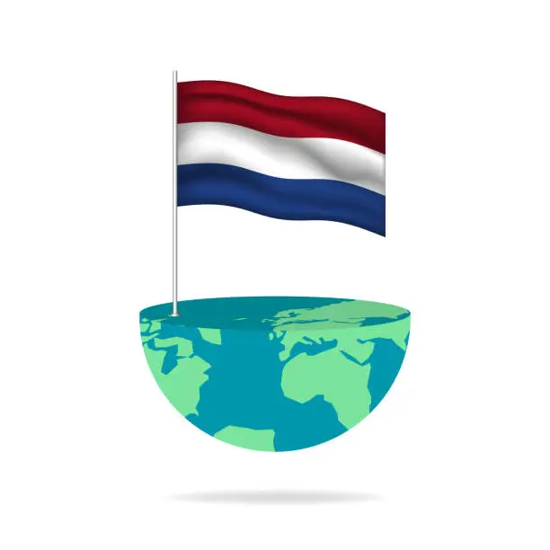 Vector illustration of Netherlands flag pole on globe. Flag waving around the world.