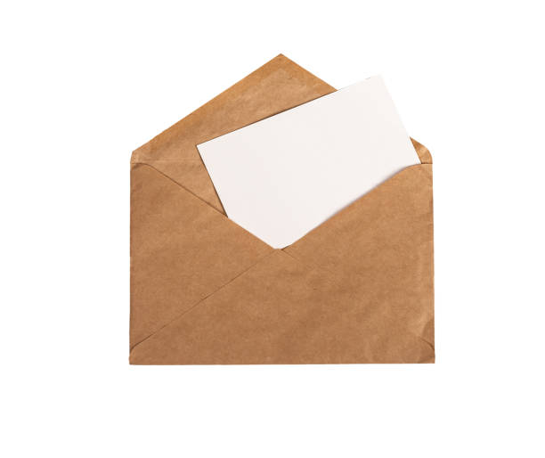 istock Kraft envelope and paper sheet mockup inside isolated on white background. Letter, invitation, postcard template with place for text. 1420750818