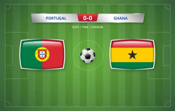 Vector illustration of Portugal vs Ghana scoreboard broadcast template for sport soccer tournament 2022 and football championship vector illustration