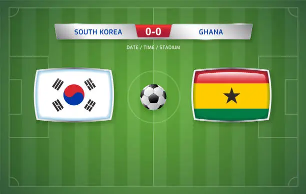 Vector illustration of South korea vs Ghana scoreboard broadcast template for sport soccer tournament 2022 and football championship vector illustration