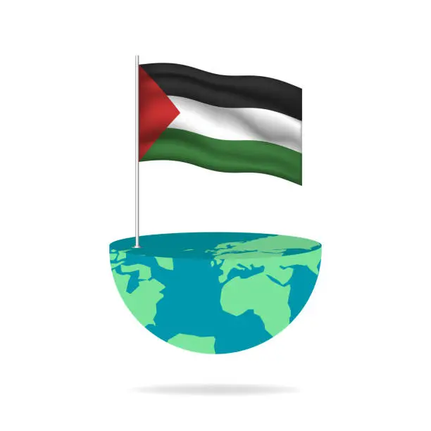 Vector illustration of Palestine flag pole on globe. Flag waving around the world.