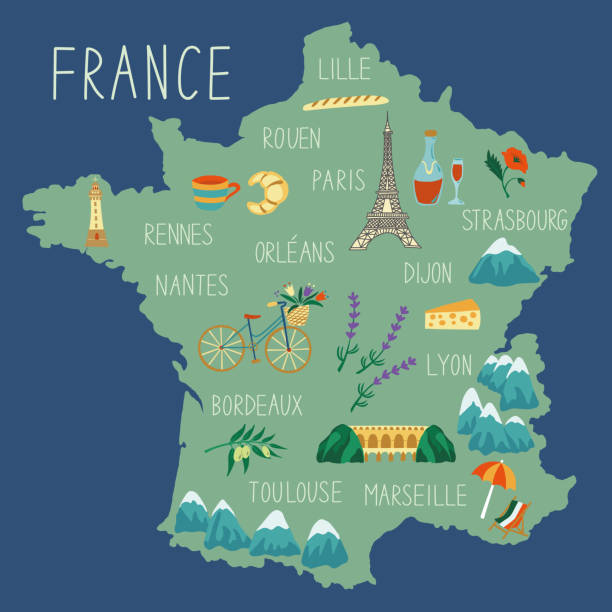 stockillustraties, clipart, cartoons en iconen met hand drawn map of france. concept of travel. colored vector illustartion. country symbols on the map. - toulouse