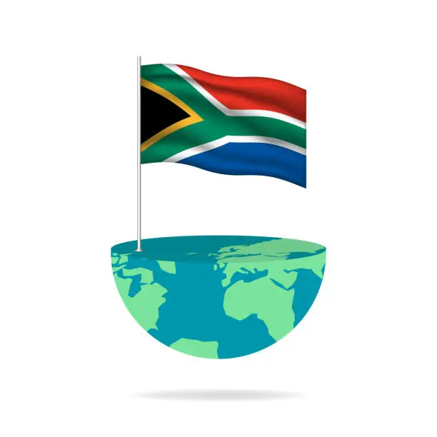 Vector illustration of South Africa flag pole on globe.