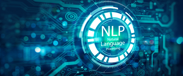 NLP hologram screen and technology abstract background. Ai and Natural Language Processing cognitive computing technology concept. 3D illustration.