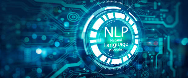 Ai and NLP Natural Language Processing cognitive computing technology concept. NLP hologram screen and technology abstract background. Ai and Natural Language Processing cognitive computing technology concept. 3D illustration. Natural Language Processing  stock pictures, royalty-free photos & images