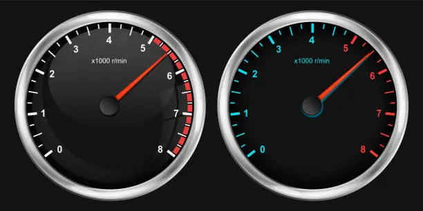 Vector illustration of Realistic tachometer. Realistic glossy rounded buttons with tachometer. Vector illustration.