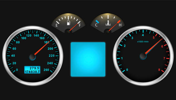 illustrations, cliparts, dessins animés et icônes de indicateur de vitesse du tableau de bord de la voiture, jauge du tachymètre, température du carburant et du moteur. tableau de bord de voiture réaliste. illustration vectorielle. - odometer speedometer car battery motor vehicle