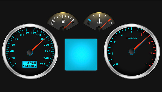 Car dashboard speedometer, tachometer gauge, fuel and engine temperature. Realistic car's dashboard. Vector illustration. Eps 10.