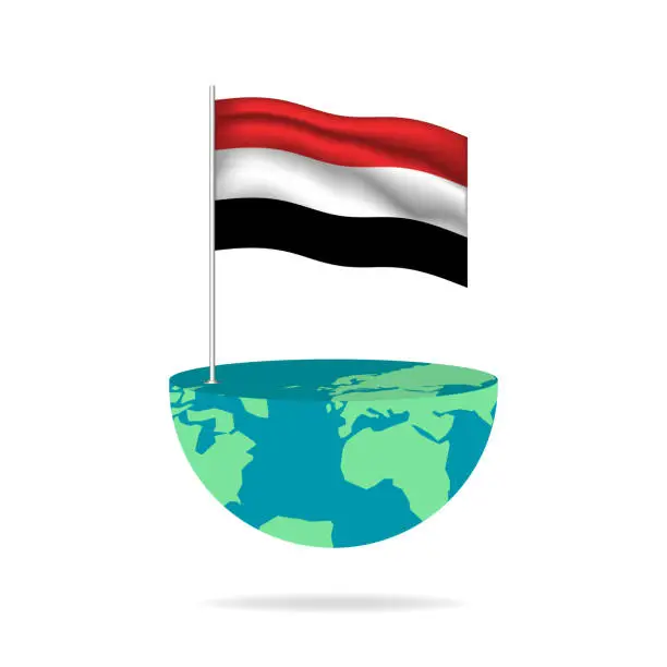 Vector illustration of Yemen flag pole on globe.