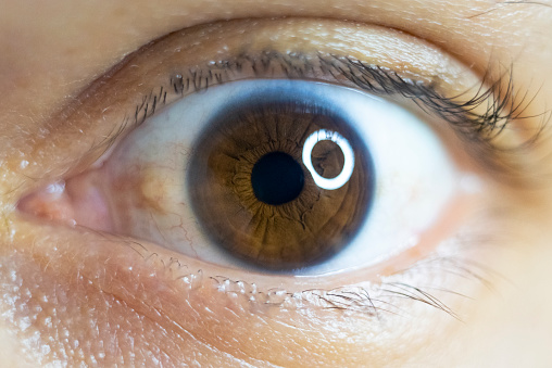 Close-up photo of human eye taken with ring light