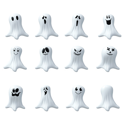 Halloween ghost with variety of faces on white background with copy space and clipping path.