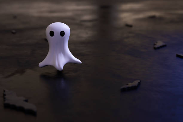 A Halloween ghost and bats on black background with copy space.