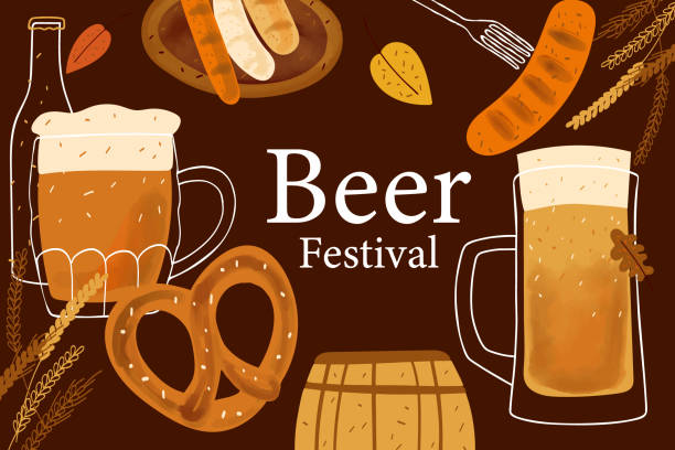 Card design with Stylized illustration mugs of beer, pretzel snack and grilled sausage and text Beer festival on dark brown Card design with Stylized illustration mugs of beer, pretzel snack and grilled sausage and text Beer festival on dark brown. oktoberfest pretzel stock illustrations