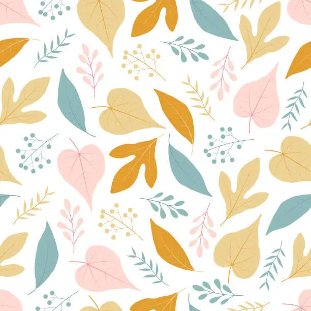 Vector illustration of Elegant ditsy floral seamless pattern design of autumn color leaves. Trendy repeat texture foliate background for surface printing