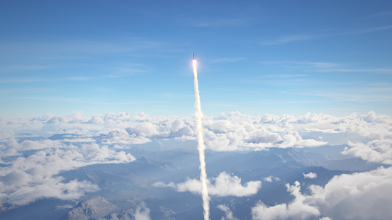 Rocket fly on mountains background 3d illustration