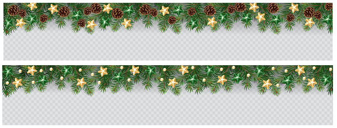Vector border with green fir branches and with festive decoration elements on transparent background. Christmas tree garland with fir branches, pine cones, berries and lights