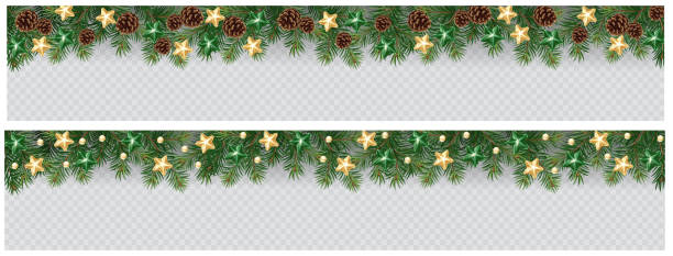 Vector border with green fir branches and with festive decoration elements on transparent background. Christmas tree garland with fir branches, pine cones, berries and lights Vector border with green fir branches and with festive decoration elements on transparent background. Christmas tree garland with fir branches, pine cones, berries and lights christmas border stock illustrations