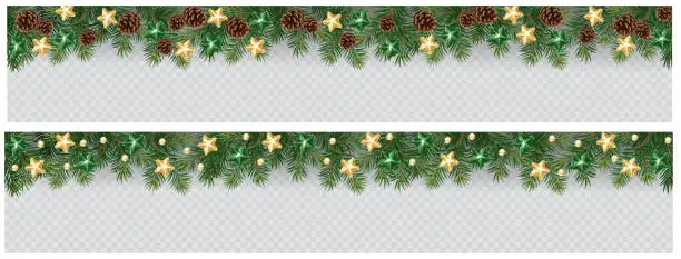 Vector illustration of Vector border with green fir branches and with festive decoration elements on transparent background. Christmas tree garland with fir branches, pine cones, berries and lights