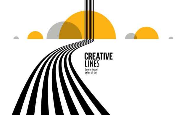 czarno-białe linie 3d w perspektywie z żółtymi elementami abstrakcyjne tło wektorowe, ilustracja z perspektywy liniowej op art, droga do horyzontu. - horizon stock illustrations