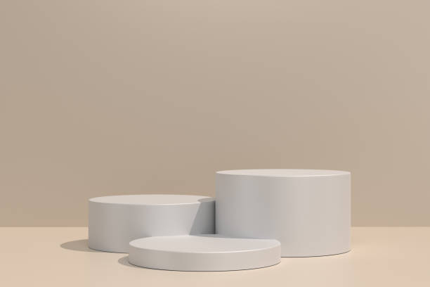 3D illustration. Mockup podium, geometrical abstract composition for products or advertising on brown background. Minimal 3d illustration render stock photo.