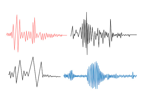 Earthquake seismogram waves set. Seismograph vibration recording chart collection. Polygraph lie detector diagram record. Audio wave, wind or tempetature measurement graph. Vector illustration.