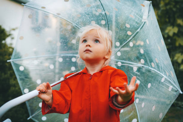 Child with umbrella wonders rainy weather walking outdoor toddler girl wearing red raincoat autumn season september stock photo