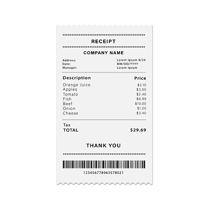 Register sale receipt isolated on white background. Cash receipt printed. Vector stock