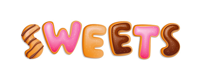 Sweets realistic donut themed lettering illustration. Colorful typography desing element for prints, adverts, web, fashion purposes. Vector typeset template