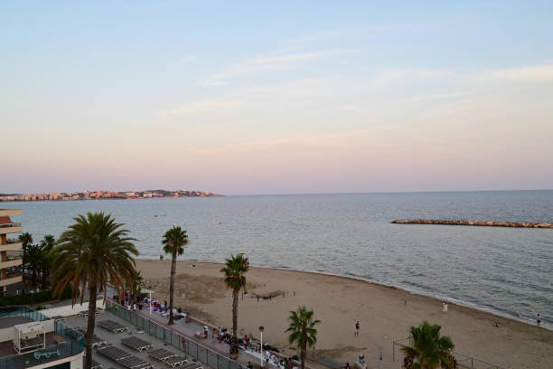 beach in spain in the evening, cambrils, tarragona photographed from above