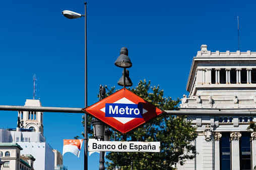 Madrid, Spain - August 15, 2021: Banco de Espana, Bank of Spain, metro station sign